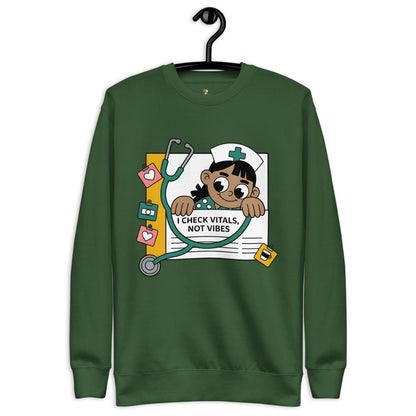 Green sweatshirt with a graphic of a nurse and stethoscope on a hanger
