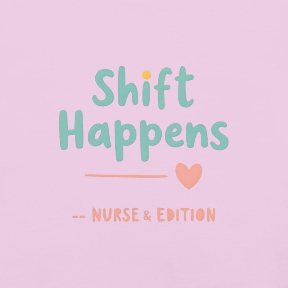 “Shift Happens – Nurse Edition” pastel text design printed on a thick garment-dyed cotton t-shirt, perfect for nurses and healthcare professionals with a sense of humor.