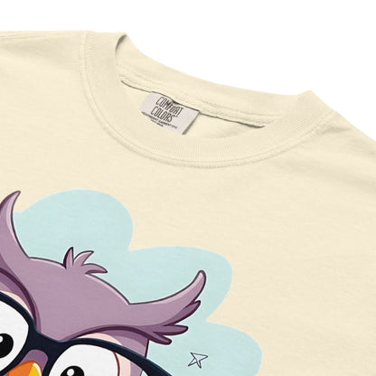 Cute purple owl with glasses sitting on stacked books, with quote "Teach. Inspire. Repeat." – printed on a teacher t-shirt