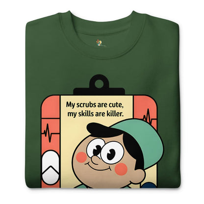 Green t-shirt with cartoon character and text on a white background