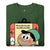 Green t-shirt with cartoon character and text on a white background
