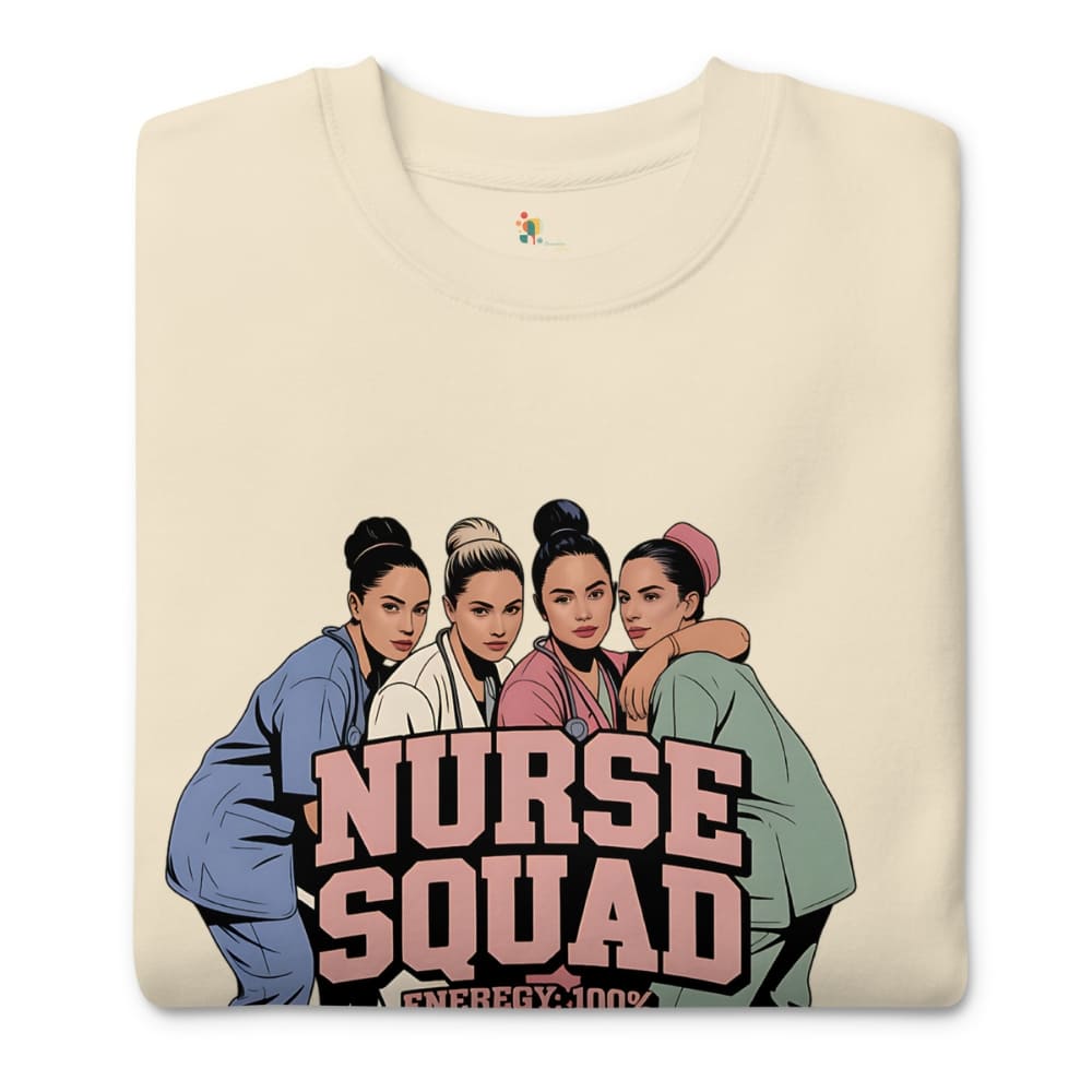 Beige t-shirt with 'Nurse Squad' graphic design on a white background