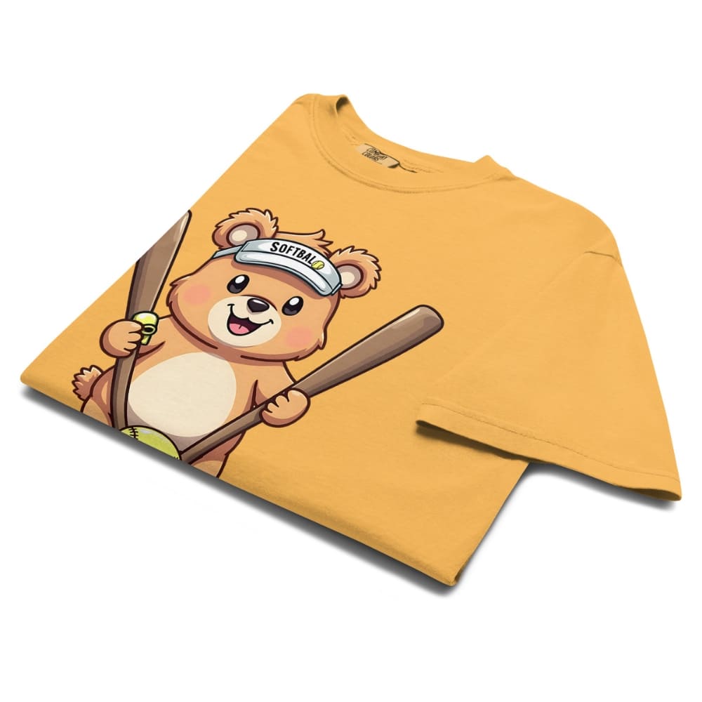 Cartoon bear holding softball bats and ball wearing a visor labeled “Softball” – printed on garment-dyed heavyweight t-shirt for sporty moms