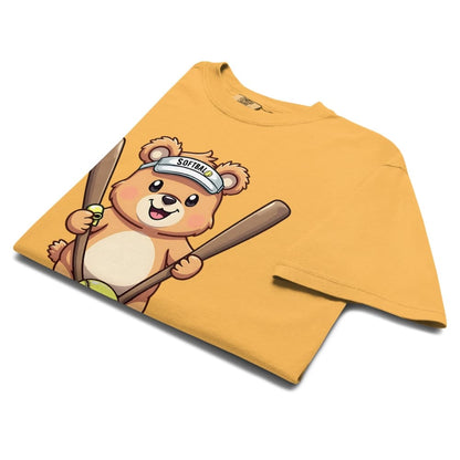 Cartoon bear holding softball bats and ball wearing a visor labeled “Softball” – printed on garment-dyed heavyweight t-shirt for sporty moms