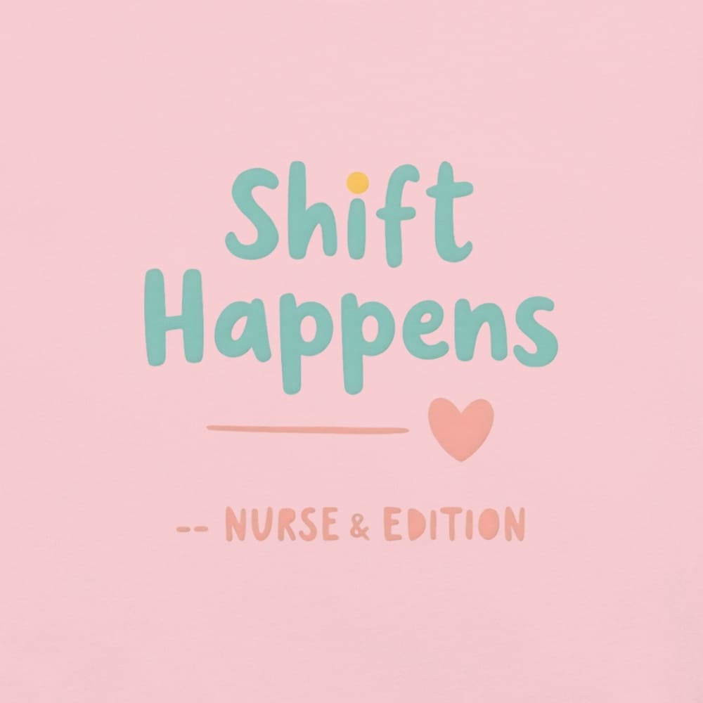 “Shift Happens – Nurse Edition” pastel text design printed on a thick garment-dyed cotton t-shirt, perfect for nurses and healthcare professionals with a sense of humor.