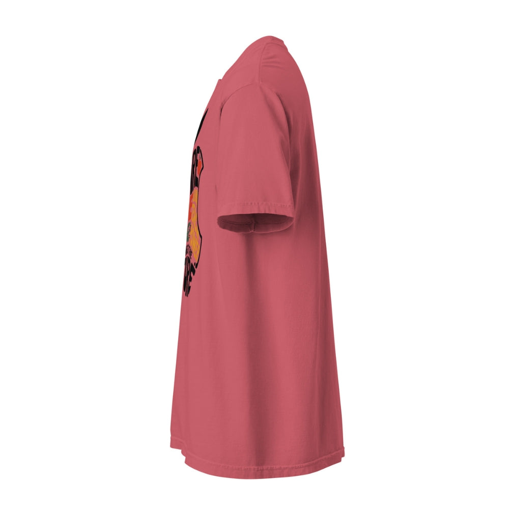 Red t-shirt with a graphic design on a white background