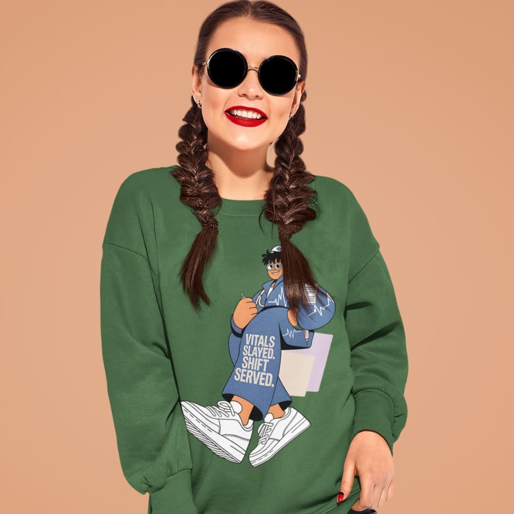 Woman wearing a green sweatshirt with a graphic design on a beige background