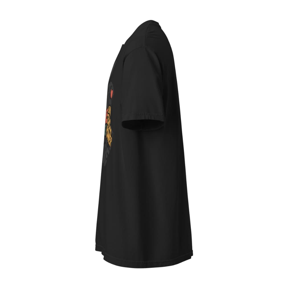 Black t-shirt with a colorful graphic on the sleeve against a white background