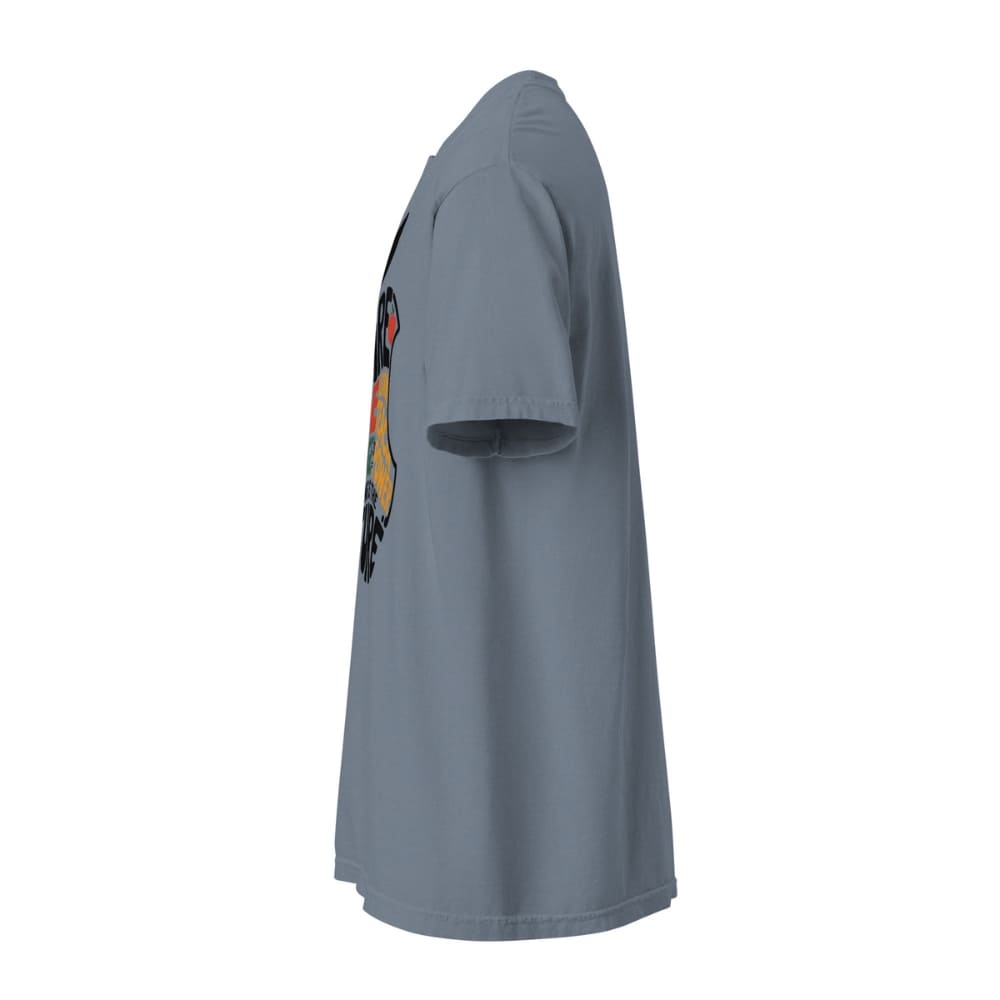 Gray t-shirt with a colorful graphic on the sleeve against a white background