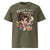 Olive green t-shirt with a graphic of a cartoon character holding a coffee cup and text 'DECAF? THAT'S MOM ABUSE.'