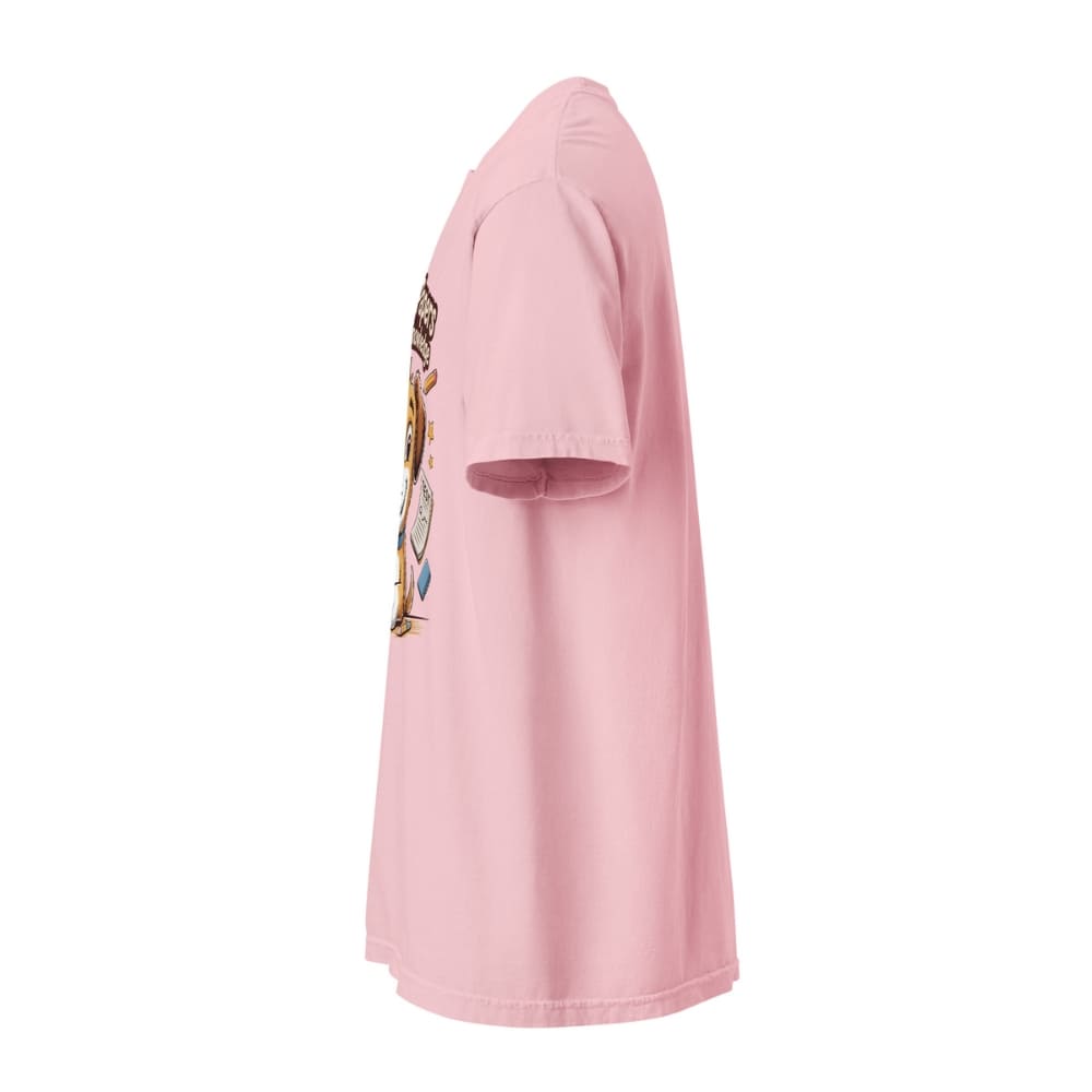 Pink t-shirt with a graphic design on a white background