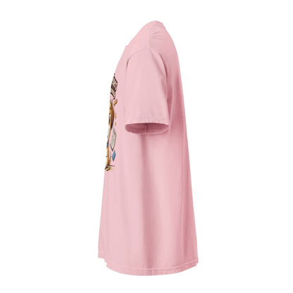 Pink t-shirt with a graphic design on a white background