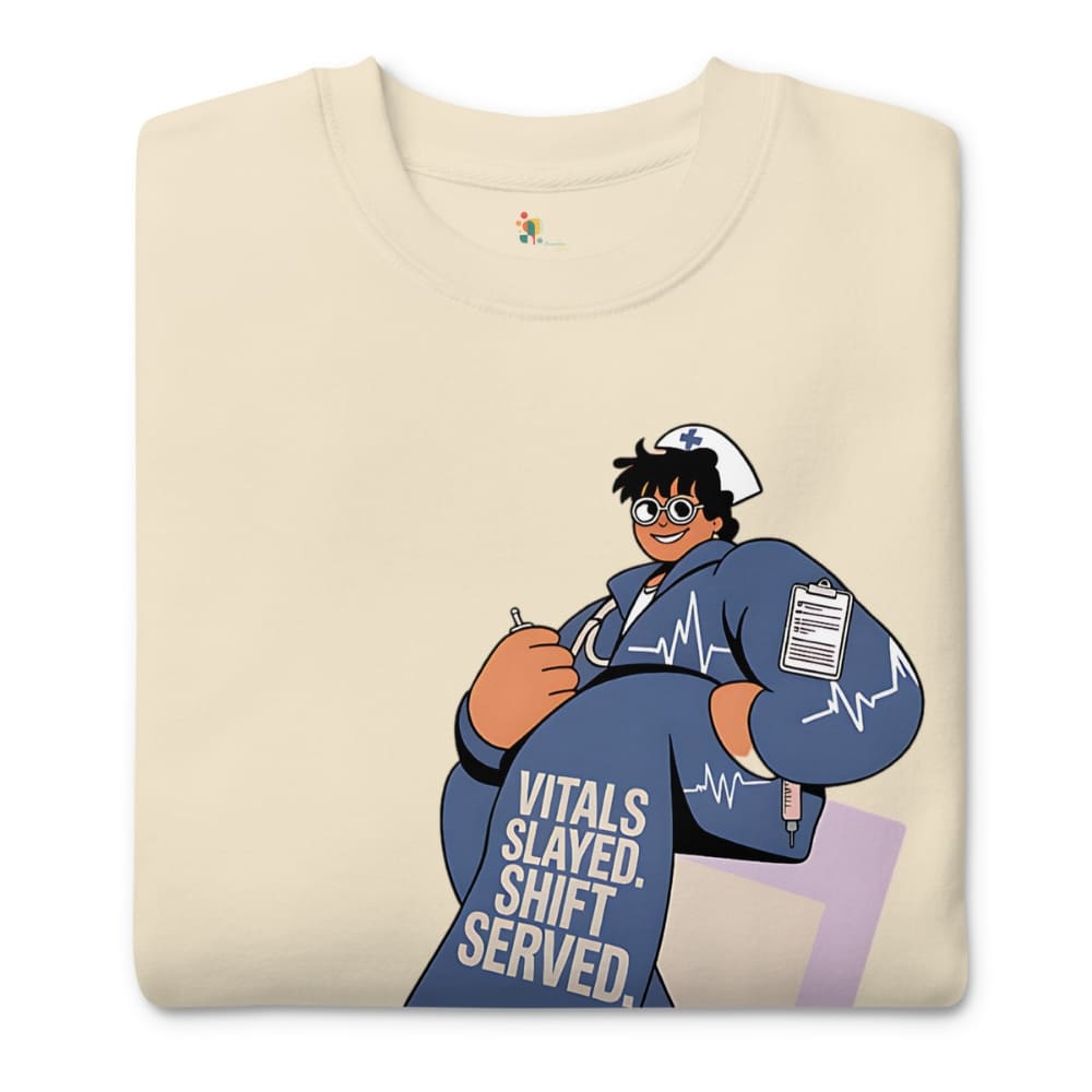 Folded t-shirt with a cartoon nurse graphic and text on a beige background