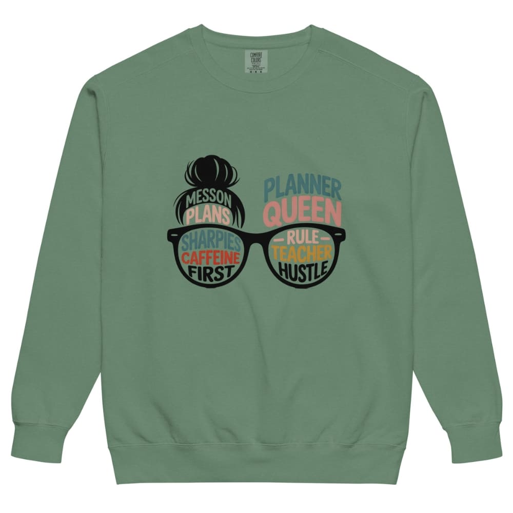 Green sweatshirt with graphic design and text on a white background
