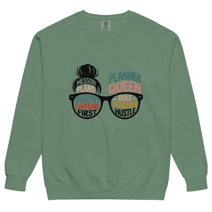 Green sweatshirt with graphic design and text on a white background