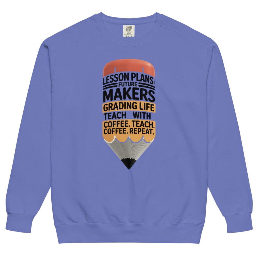 Blue sweatshirt with a graphic design and text on a white background