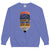 Blue sweatshirt with a graphic design and text on a white background