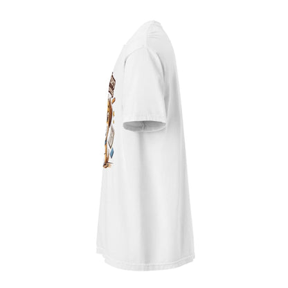 White t-shirt with a graphic design on a white background