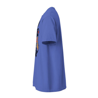 Blue t-shirt with a colorful graphic on the sleeve against a white background