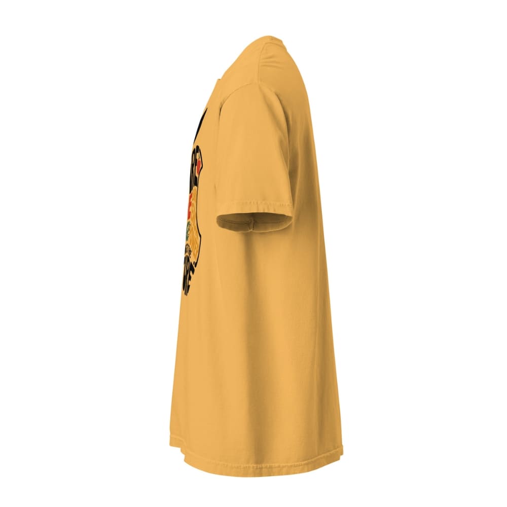 Yellow t-shirt with a graphic design on a white background