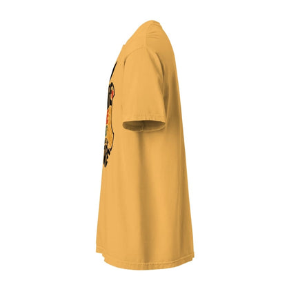 Yellow t-shirt with a graphic design on a white background