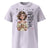 Lavender t-shirt with a graphic of a woman holding a mug and text on a white background