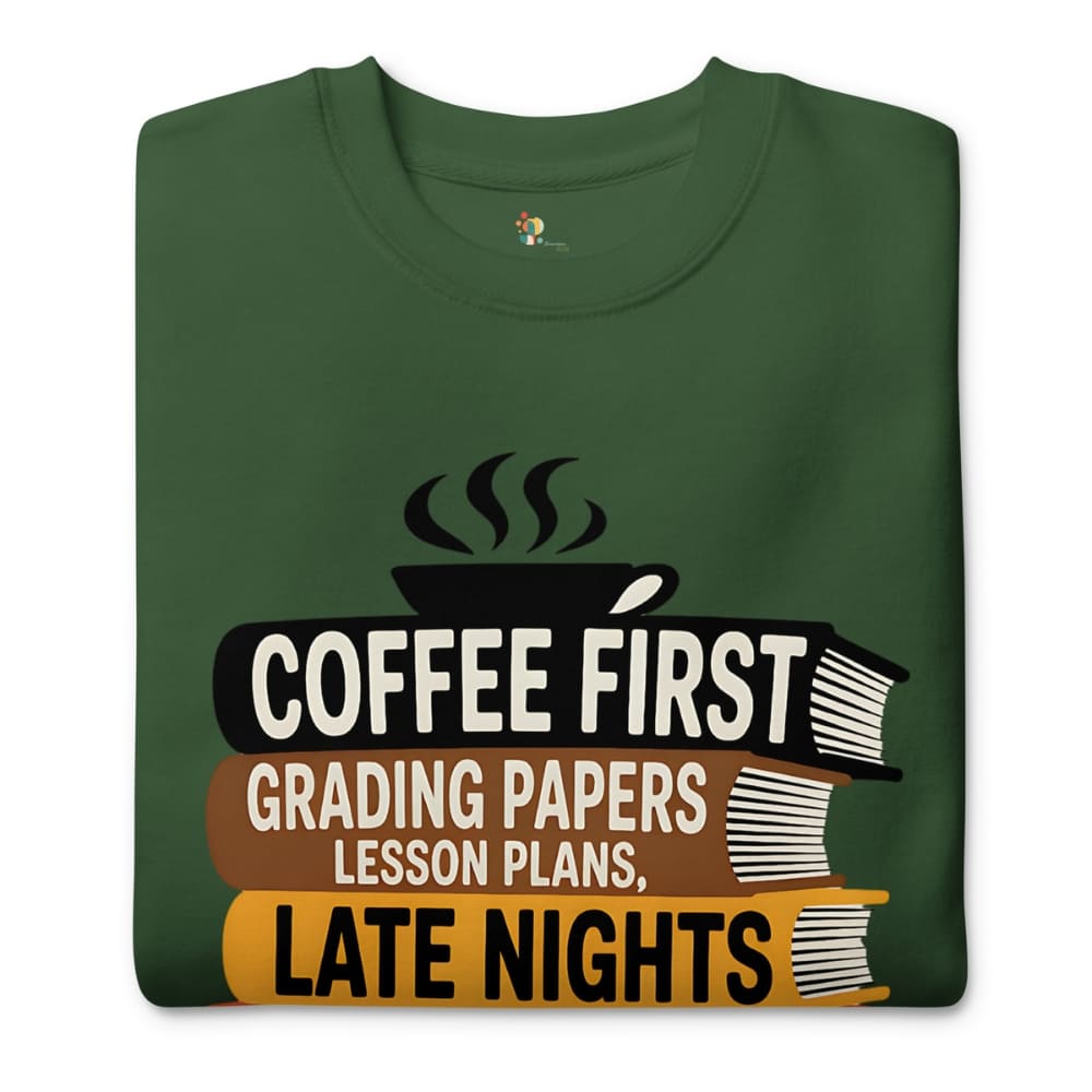 Green t-shirt with 'Coffee First, Grading Papers, Lesson Plans, Late Nights' design on a white background