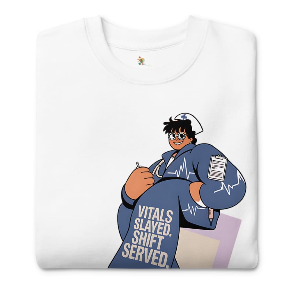 White t-shirt with a cartoon character holding a clipboard and text 'Vitals Slaved, Shift Served' on a white background
