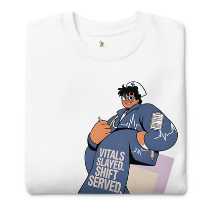 White t-shirt with a cartoon character holding a clipboard and text 'Vitals Slaved, Shift Served' on a white background