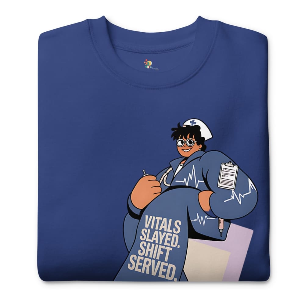 Blue t-shirt with a cartoon character holding a clipboard and text 'Vitals Slaved, Shift Served' on a white background