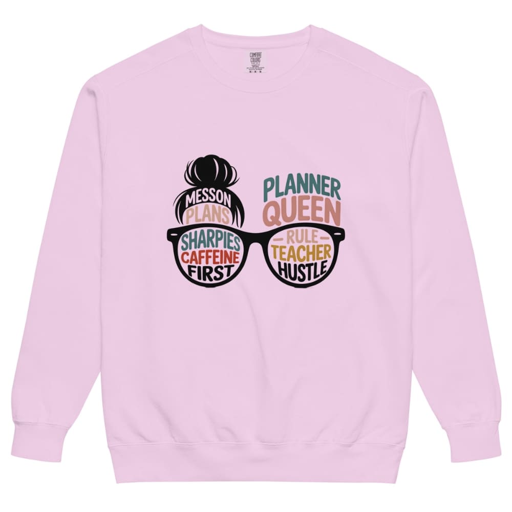 Pink sweatshirt with text and graphic design on a white background