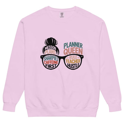 Pink sweatshirt with text and graphic design on a white background