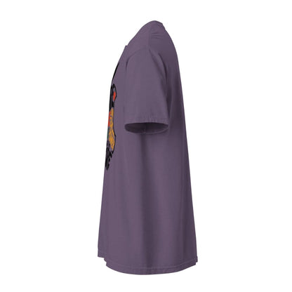 Purple t-shirt with a colorful graphic on the sleeve against a white background