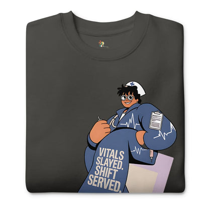 Folded black t-shirt with a cartoon character and text 'Vitals Slaved, Shift Served' on a white background
