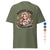 Green t-shirt with a graphic of a woman holding a coffee cup and text 'Mommin' Hard, Caffeinating Harder' on a white background.