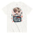 White t-shirt with a graphic design of a person holding a syringe and text 'I give shots for a living. Test me.