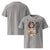 Gray t-shirt with a graphic of a woman holding a coffee cup and text on the front, shown from both front and back views.