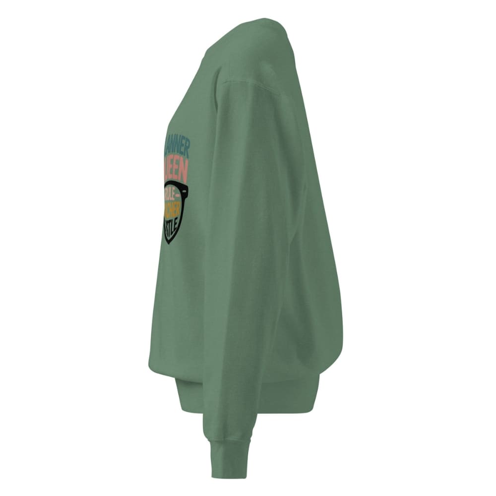 Green sweatshirt with a colorful graphic on the sleeve against a white background