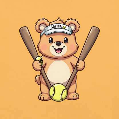 Cartoon bear holding softball bats and ball wearing a visor labeled “Softball” – printed on garment-dyed heavyweight t-shirt for sporty moms
