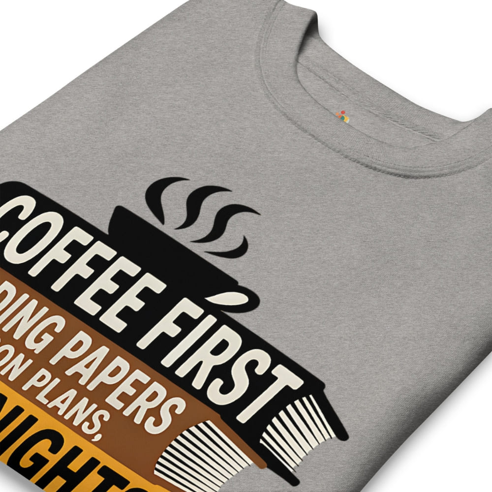 Gray t-shirt with a coffee-themed graphic design on a white background