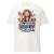 White t-shirt with colorful graphic and text on a white background