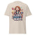 Beige t-shirt with colorful graphic and text on a white background