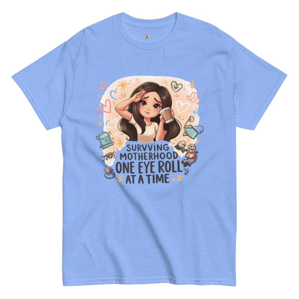 Light blue t-shirt with a graphic design featuring a cartoon character and text on a white background.