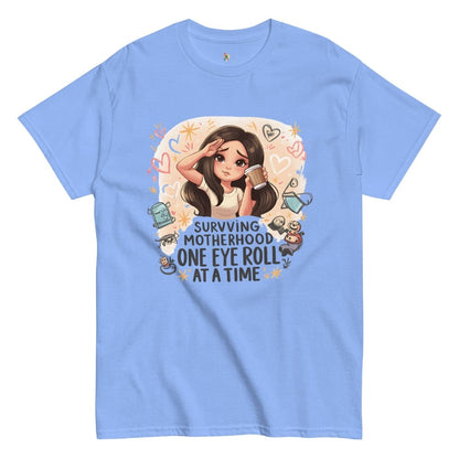 Light blue t-shirt with a graphic design featuring a cartoon character and text on a white background.