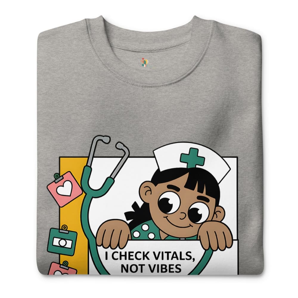 Gray t-shirt with a cartoon nurse design and text on a white background