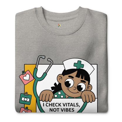 Gray t-shirt with a cartoon nurse design and text on a white background