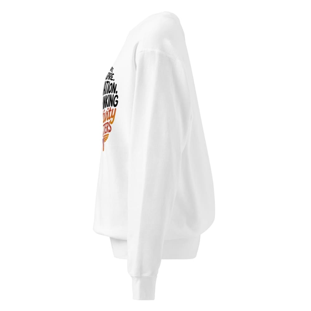 White sweatshirt with colorful text and graphics on a white background