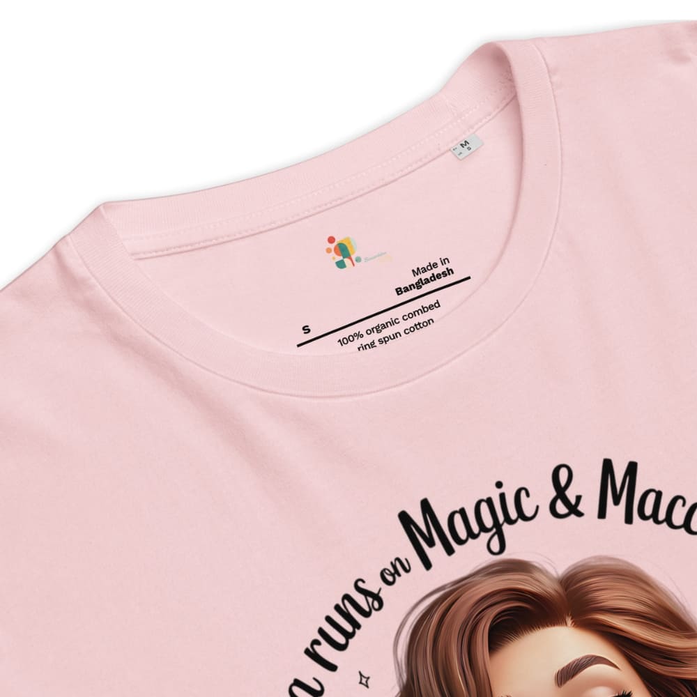 Pink t-shirt with a graphic design and text on a white background