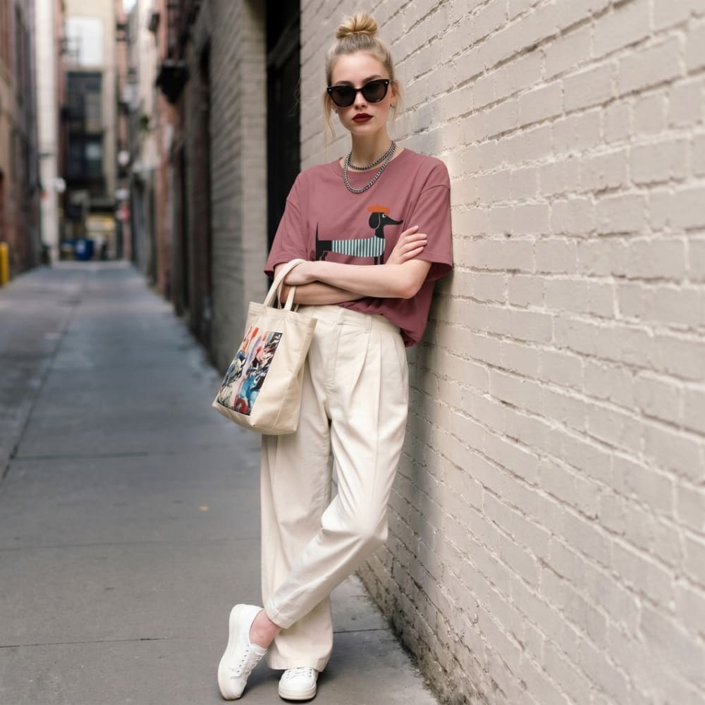 Woman leaning against a brick wall wearing a pink t-shirt and beige pants, holding a tote bag.