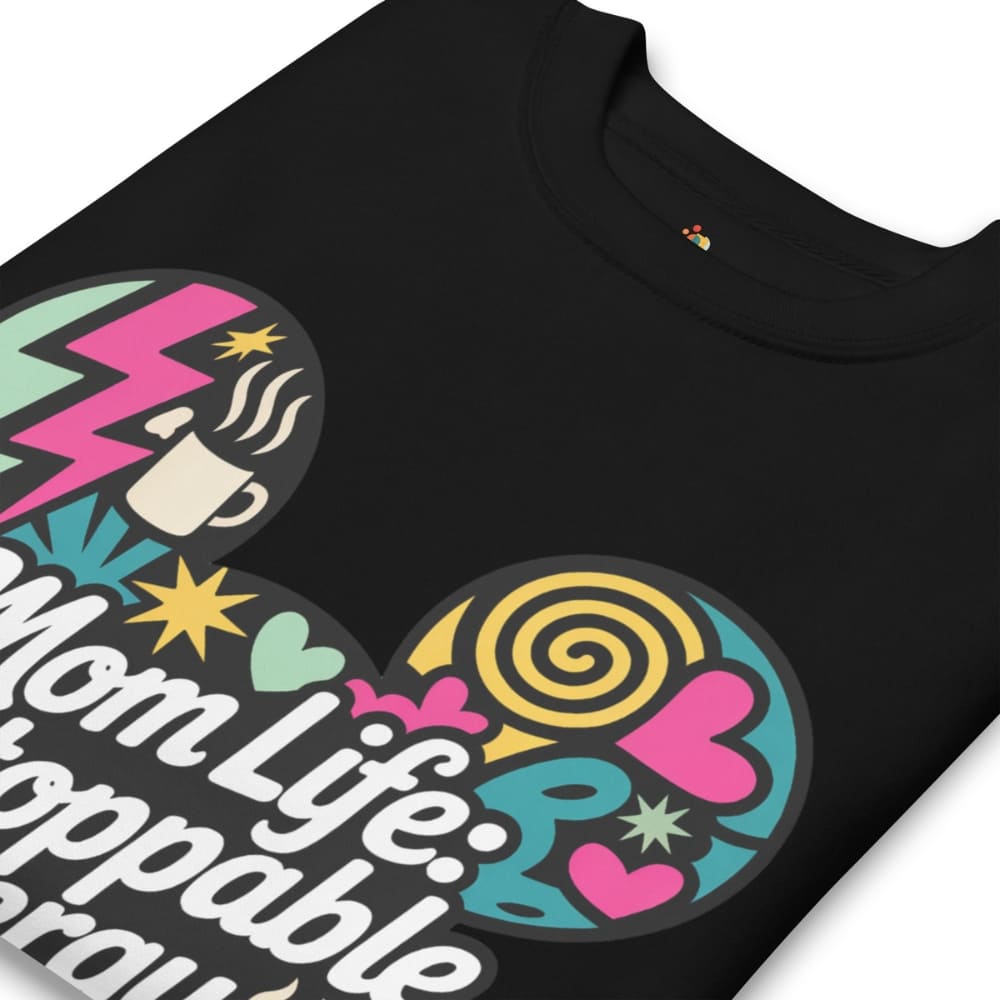 Black t-shirt with colorful graphic design and text on a white background